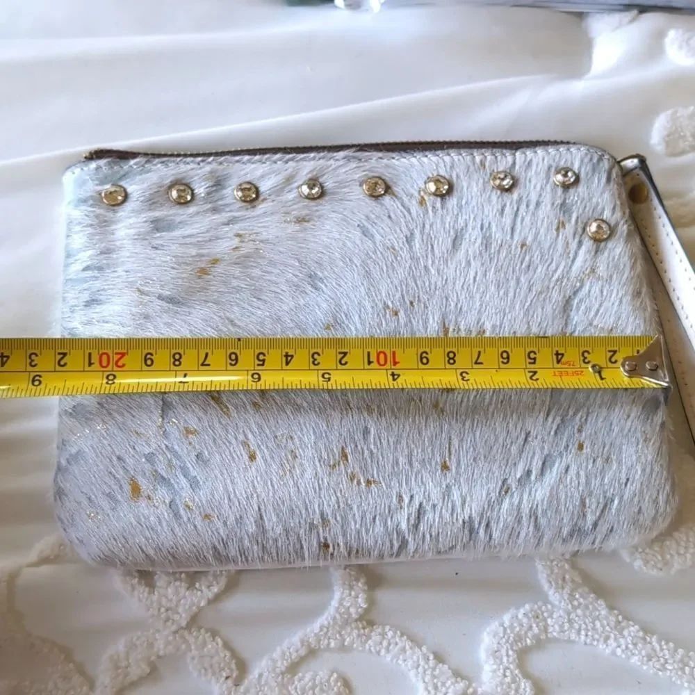 Patricia Nash Cassini White/Aqua Metallic Cow Hair Medium Clutch With Crystals - Picture 14 of 16